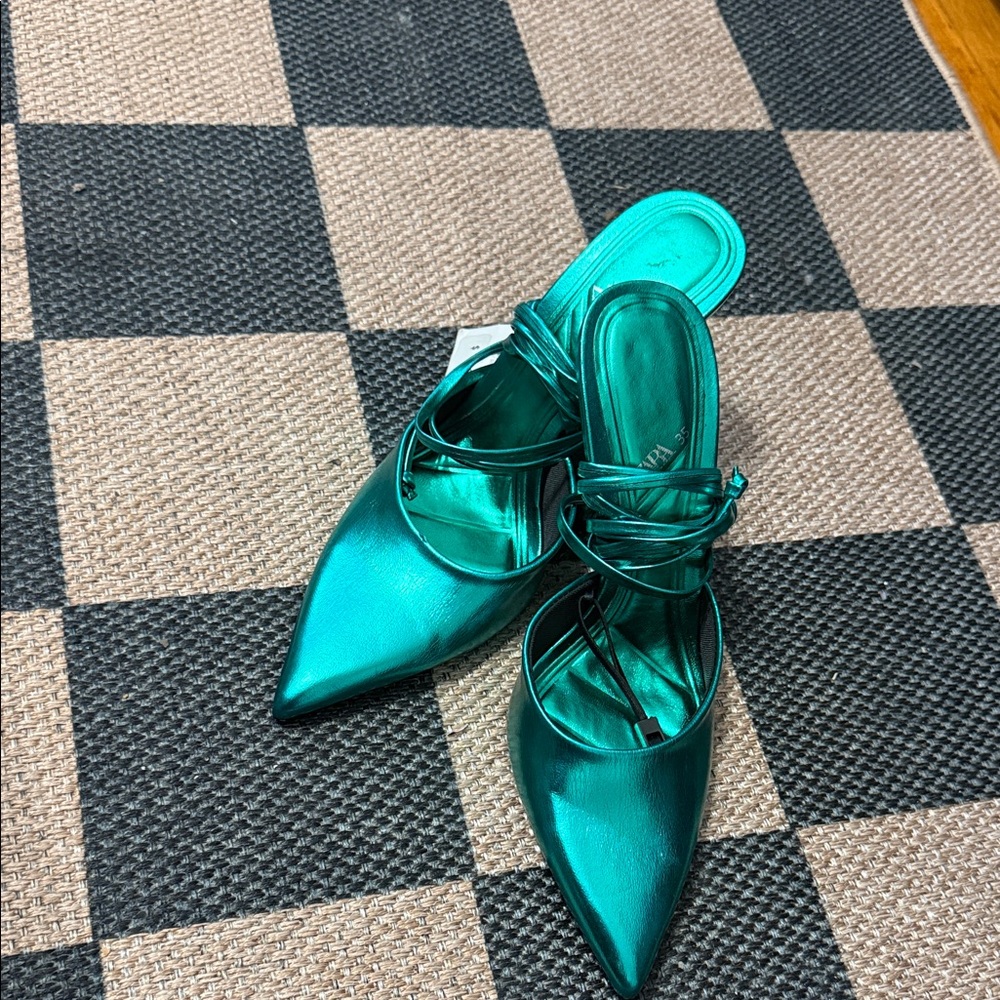 Zara Metallic Teal Mules